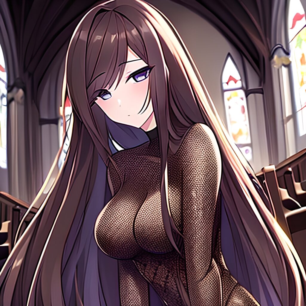 messy hair brunette fishnet long hair woman church 