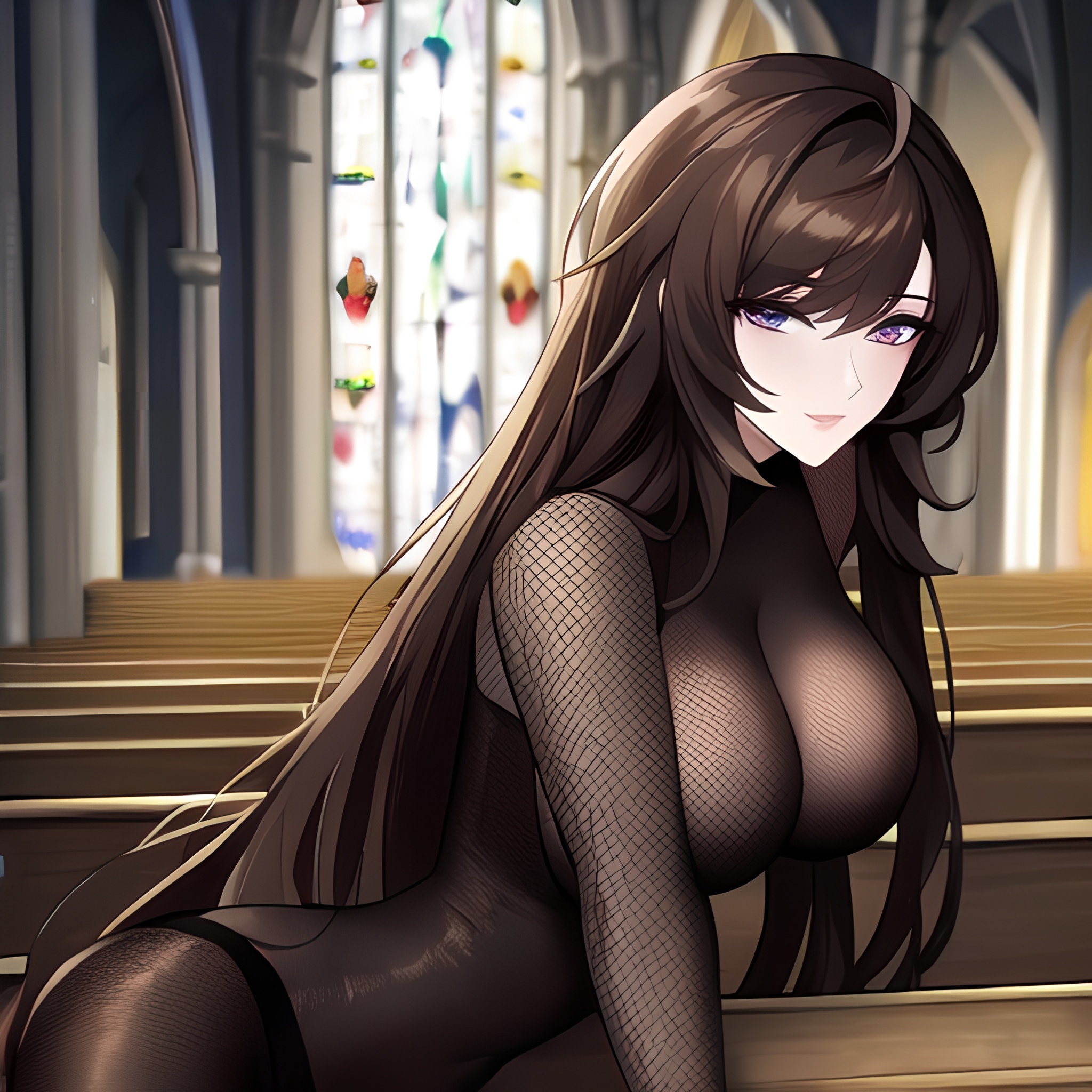 messy hair brunette fishnet long hair woman church 