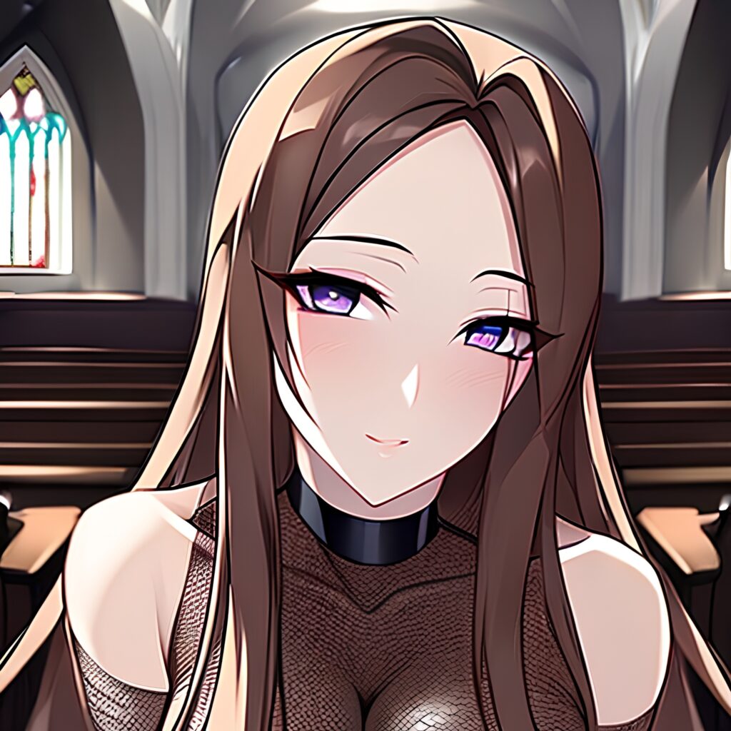 messy hair brunette fishnet woman church long hair 