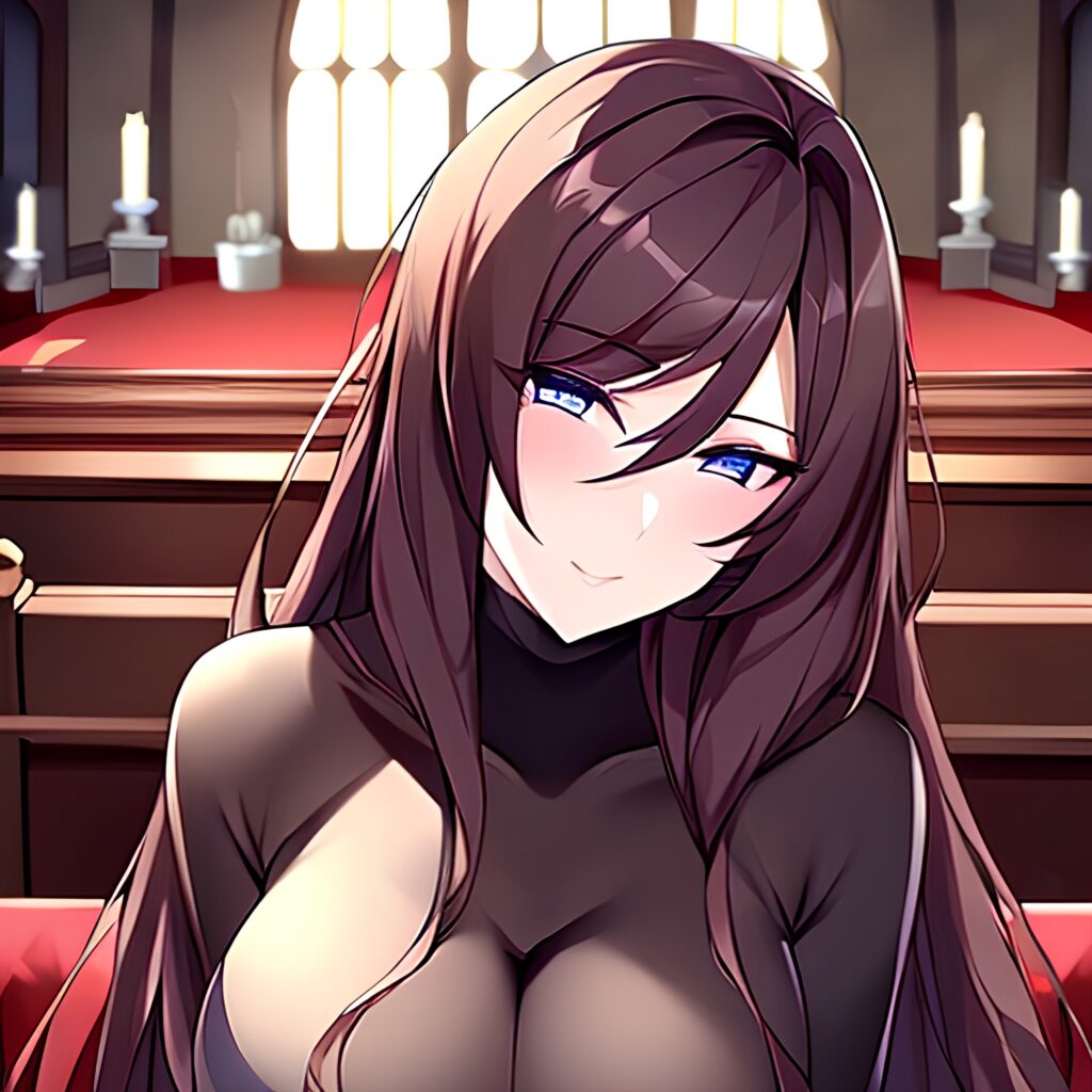 messy hair brunette fishnet woman church long hair 