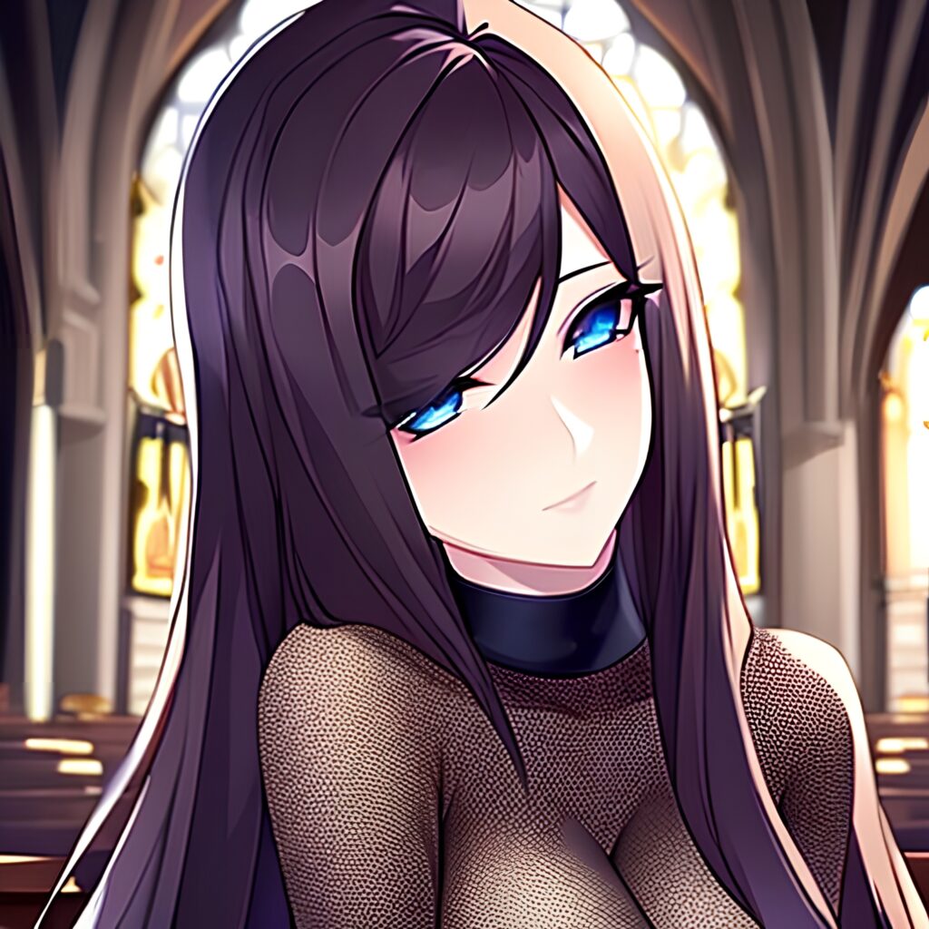 messy hair brunette fishnet woman church long hair 