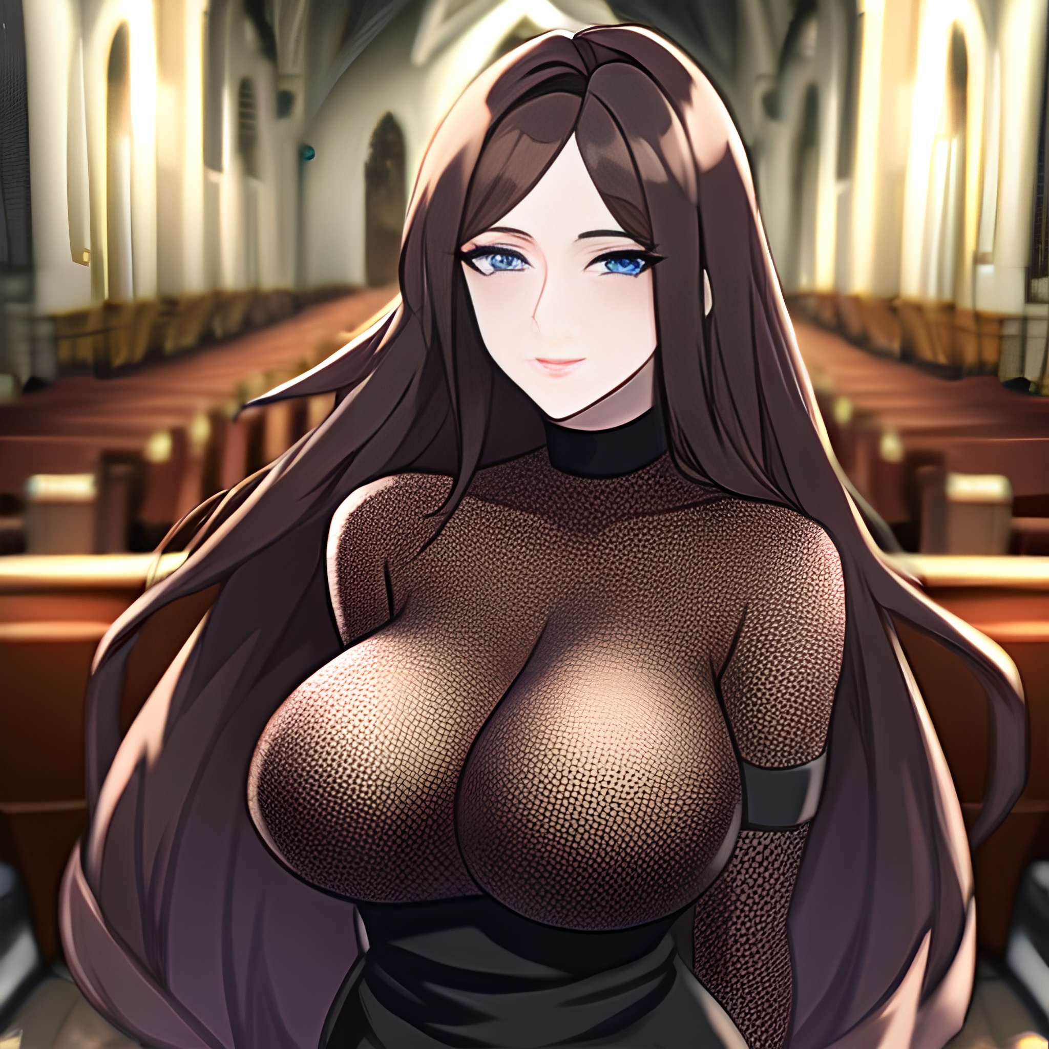 messy hair brunette fishnet woman church long hair