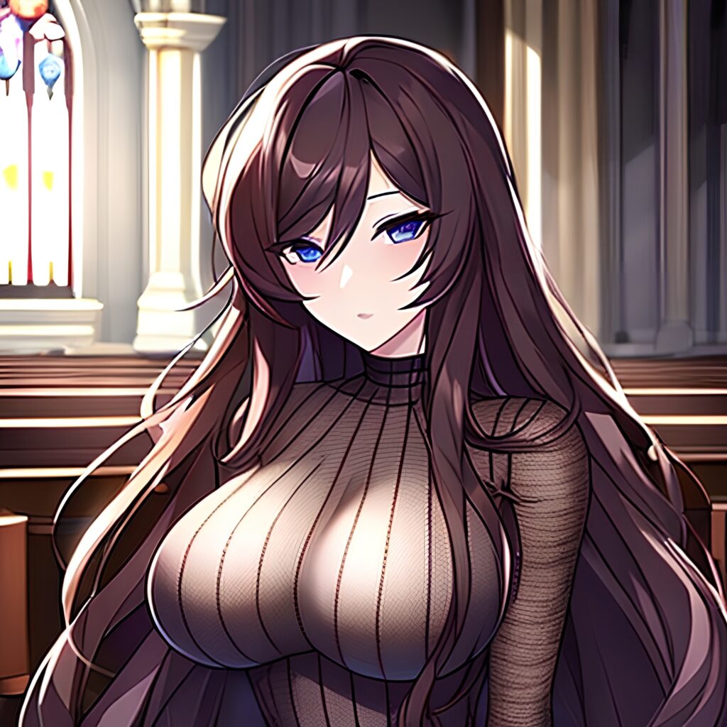 messy hair brunette fishnet woman church long hair 