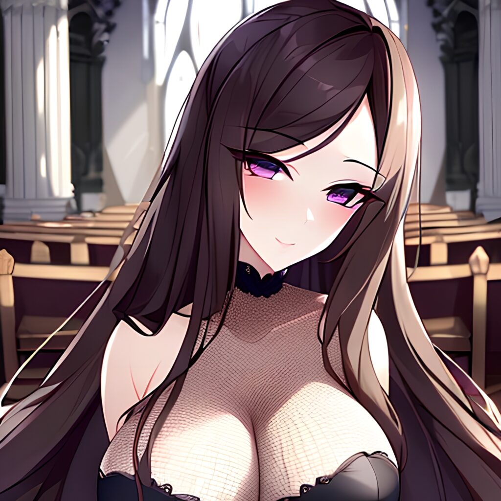 messy hair brunette fishnet woman church long hair 