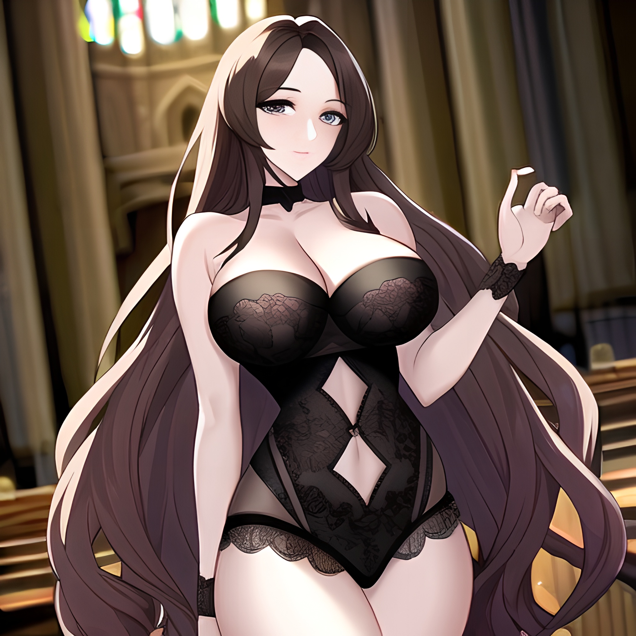 messy hair brunette fishnet woman long hair church 