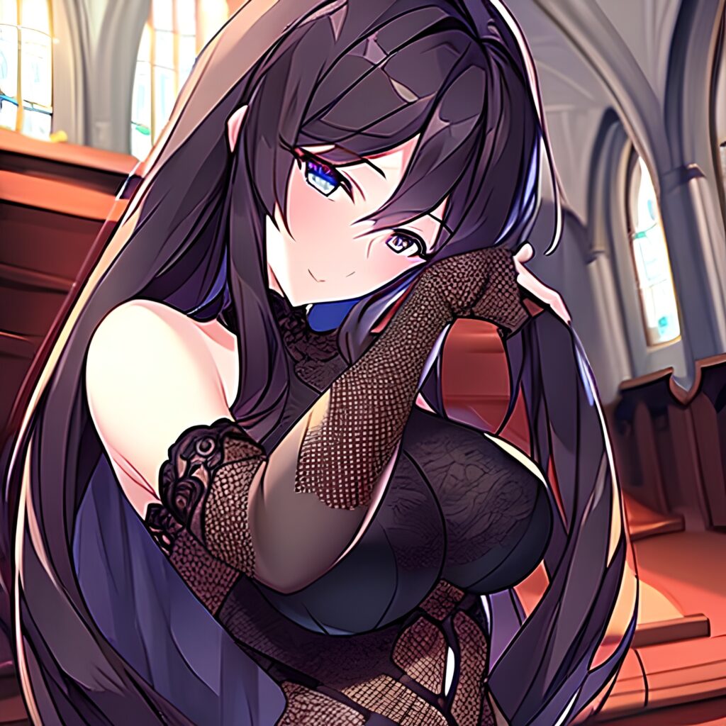 messy hair brunette long hair church fishnet woman