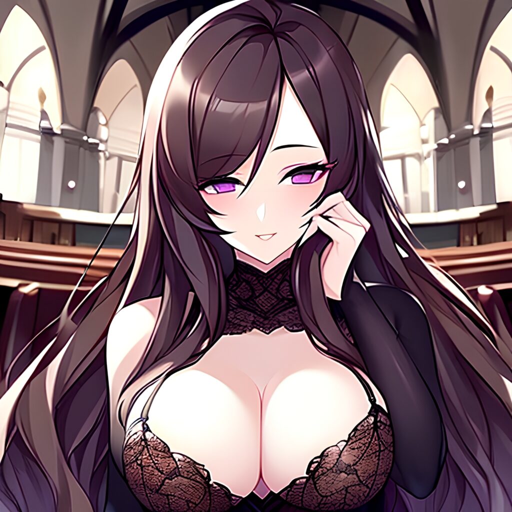 messy hair brunette long hair church woman fishnet 