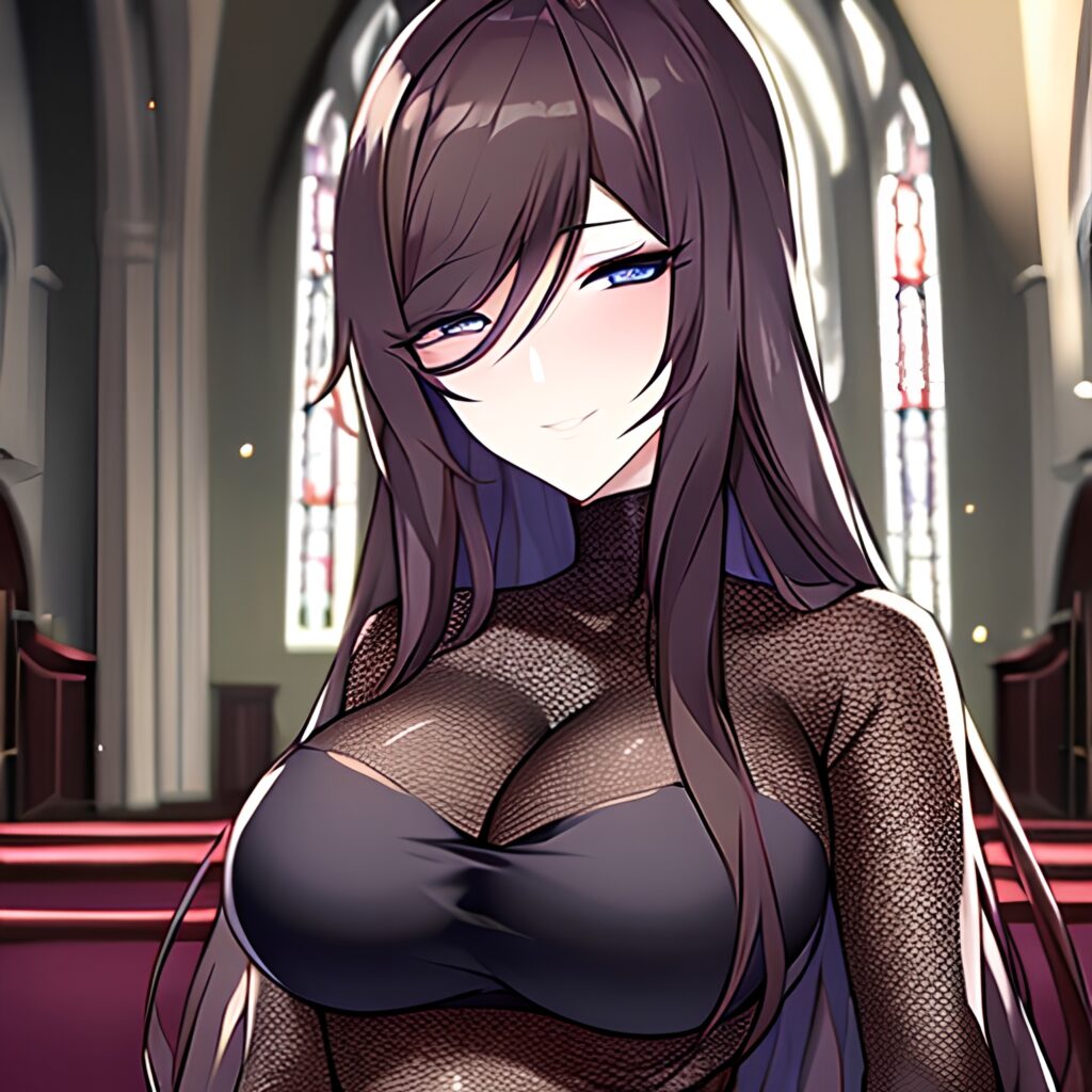 messy hair brunette long hair church woman fishnet 