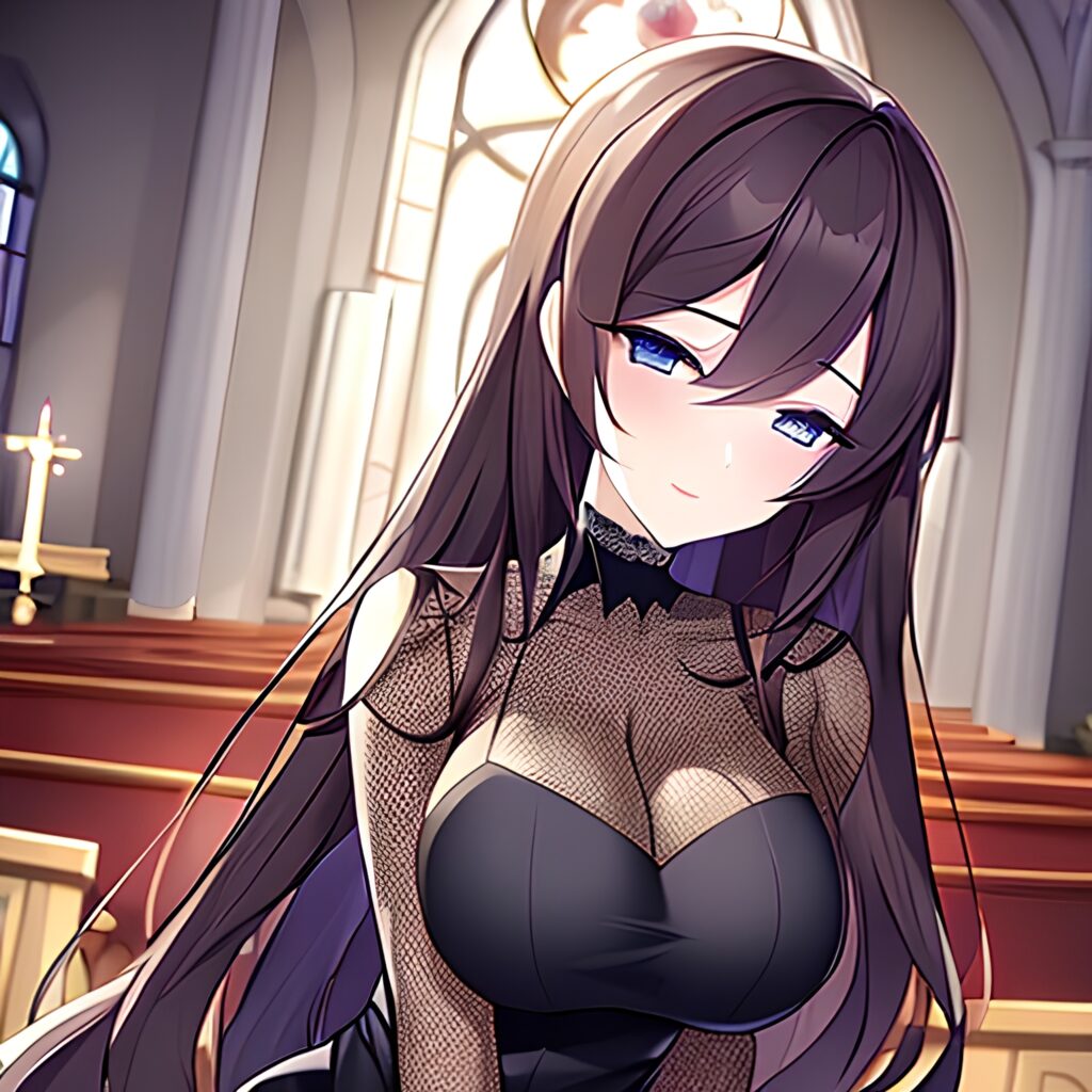 messy hair brunette long hair church woman fishnet 