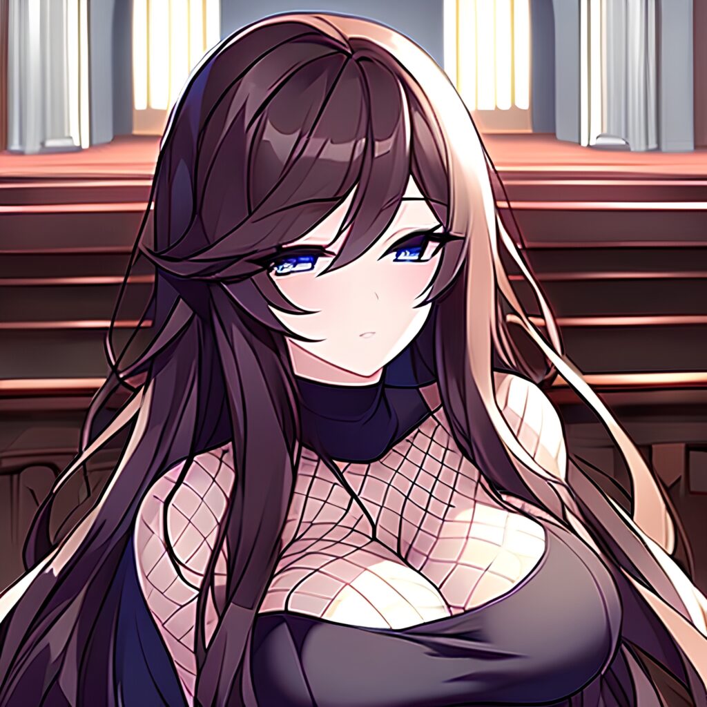 messy hair brunette long hair church woman fishnet 