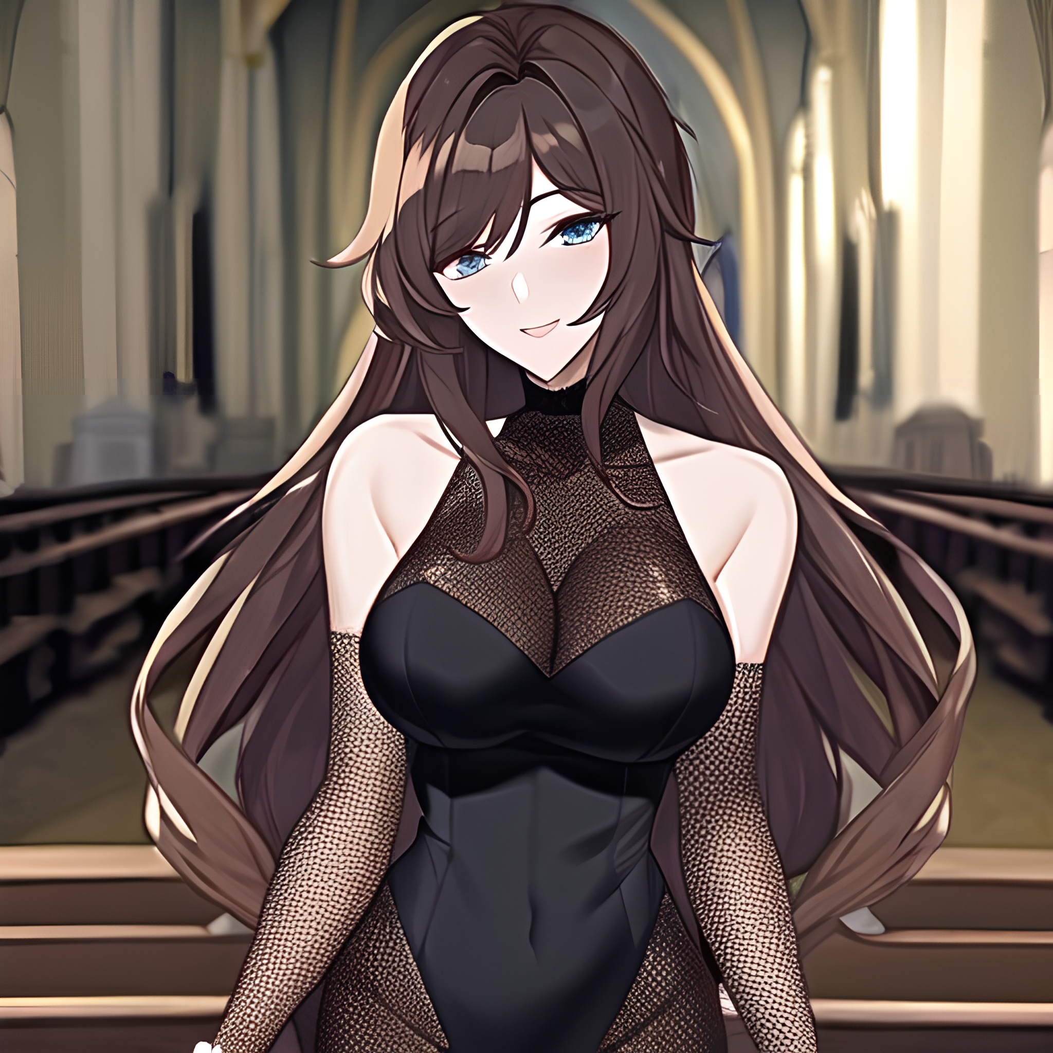 messy hair brunette long hair church woman fishnet 