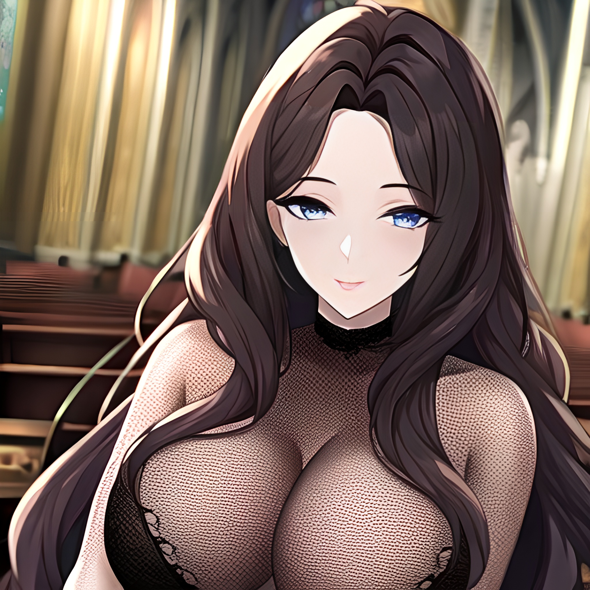messy hair brunette long hair fishnet church woman