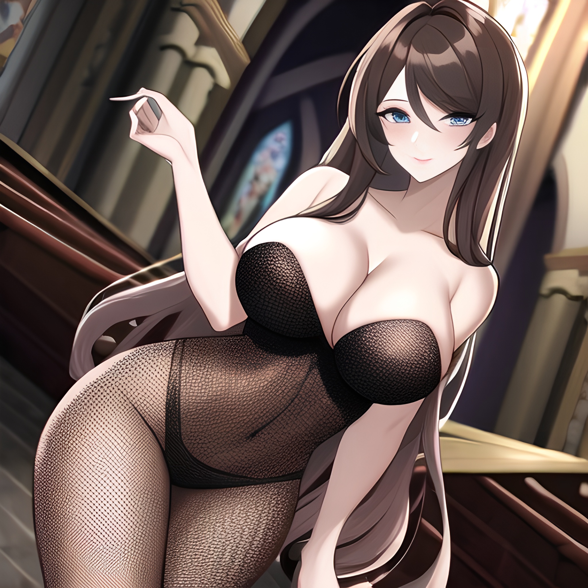 messy hair brunette long hair fishnet church woman 