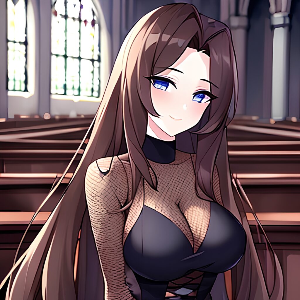 messy hair brunette long hair fishnet church woman 
