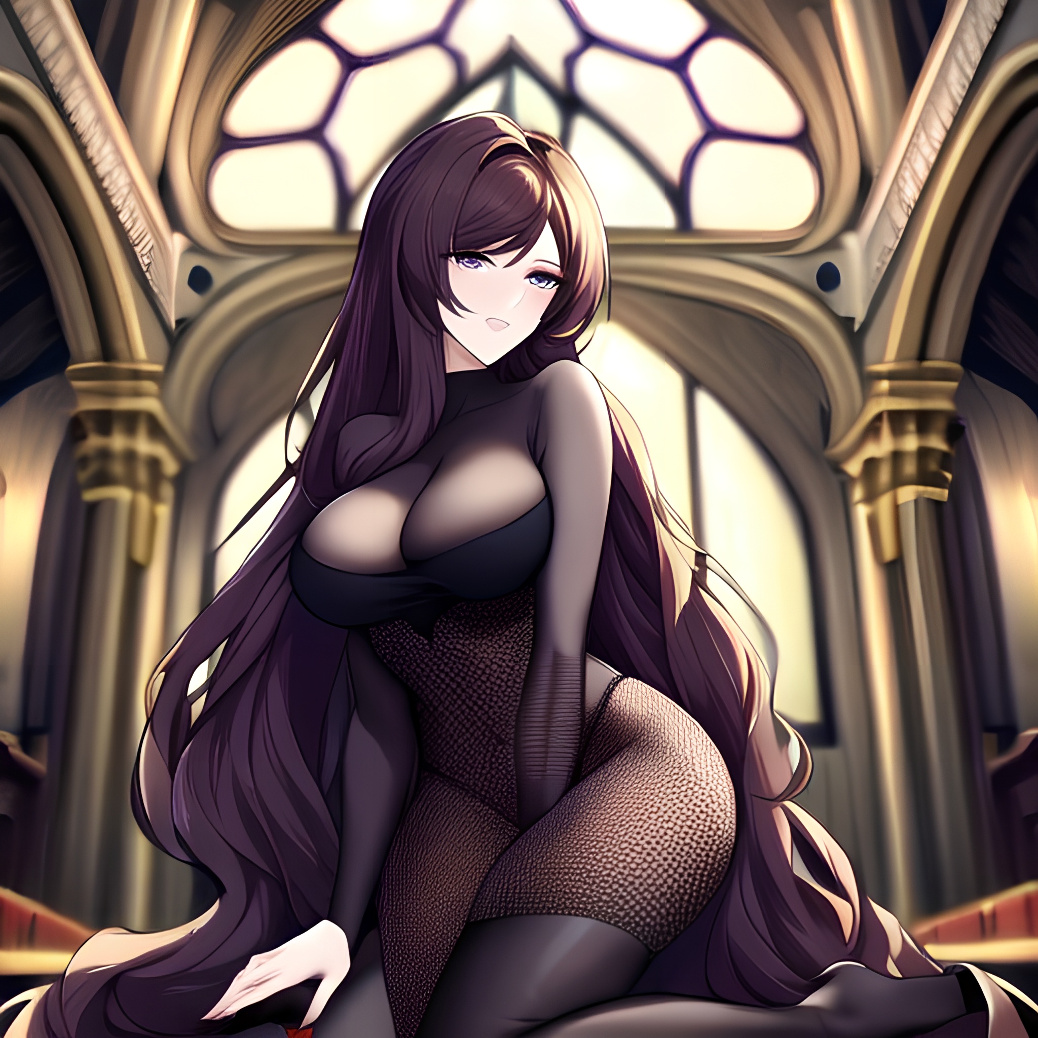 messy hair brunette long hair fishnet church woman 