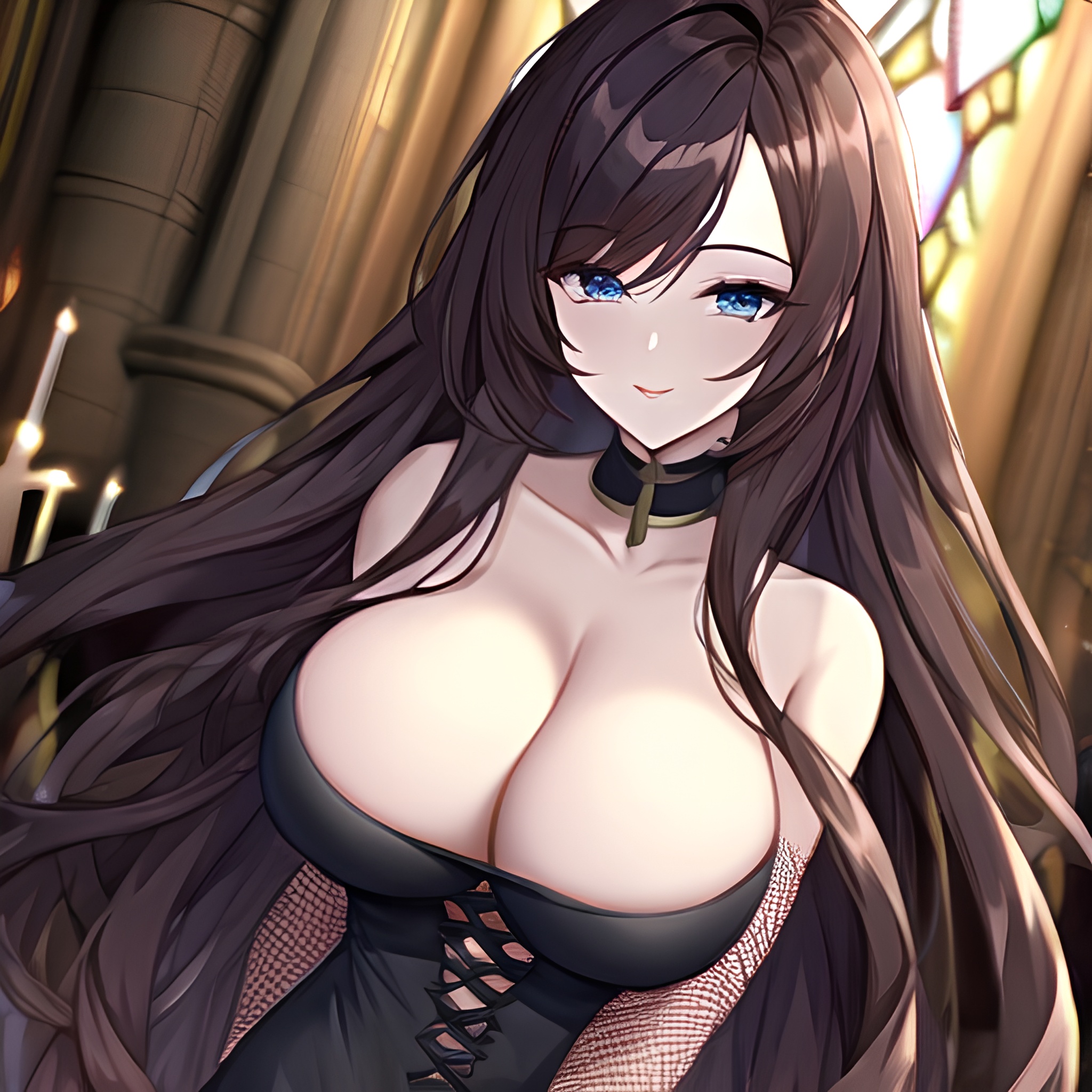messy hair brunette long hair fishnet church woman 
