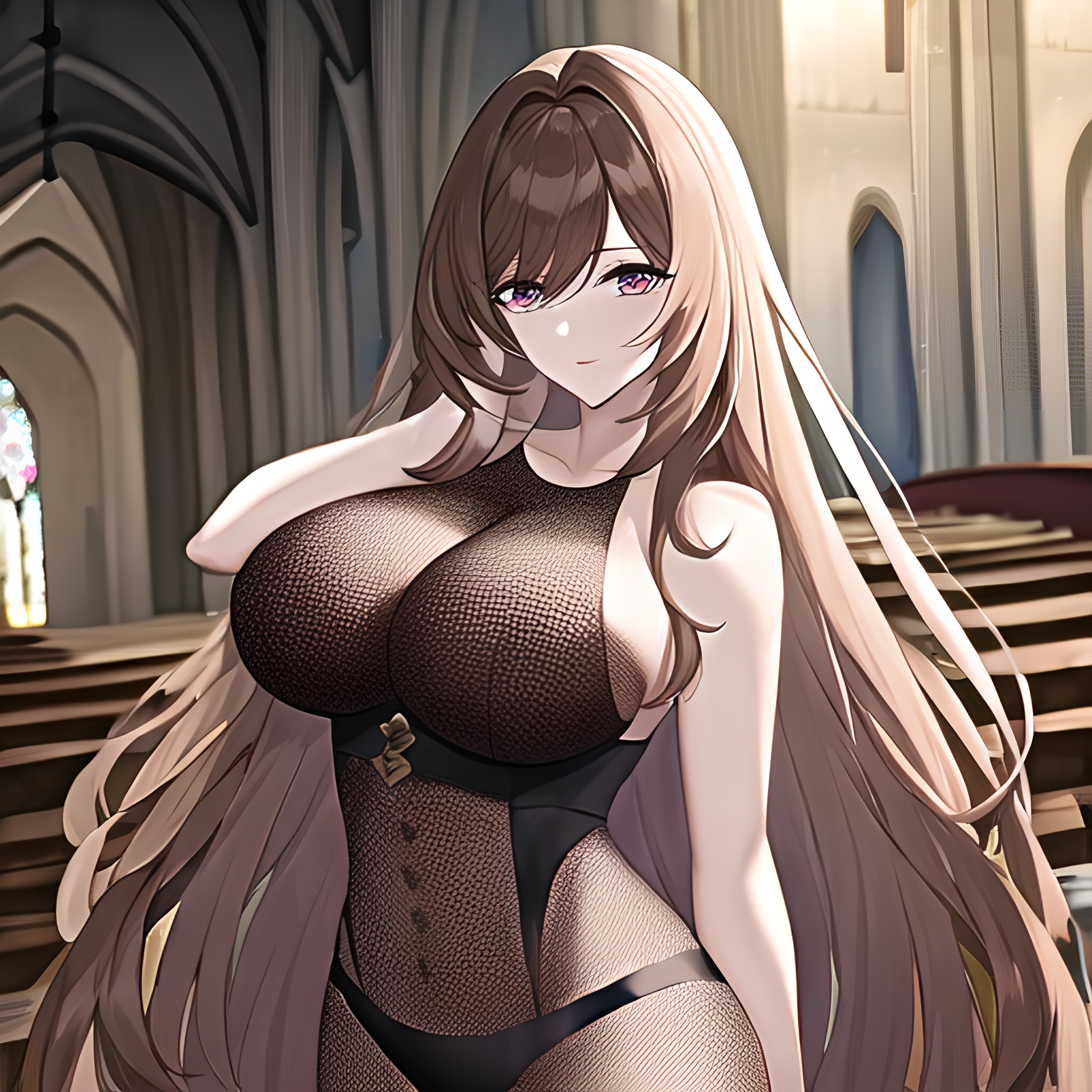 messy hair brunette long hair woman church fishnet
