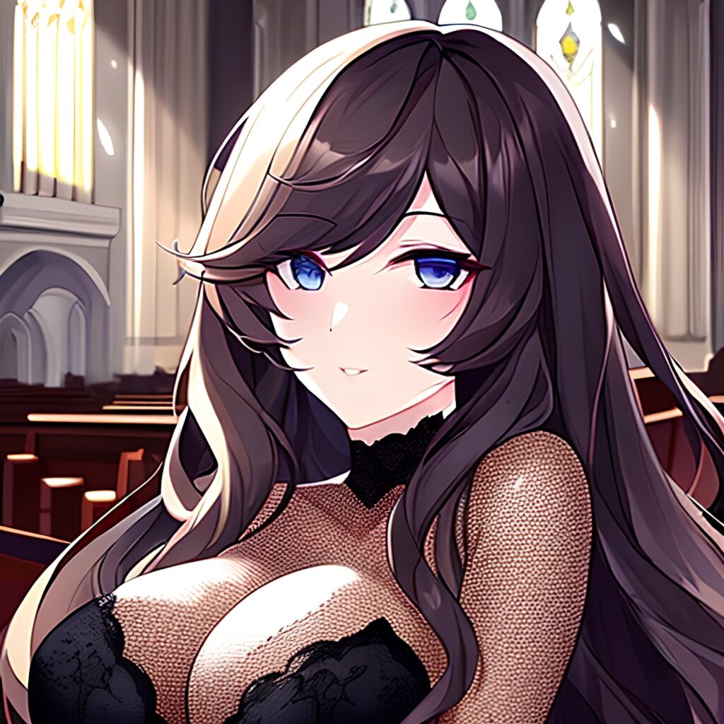 messy hair brunette long hair woman fishnet church 