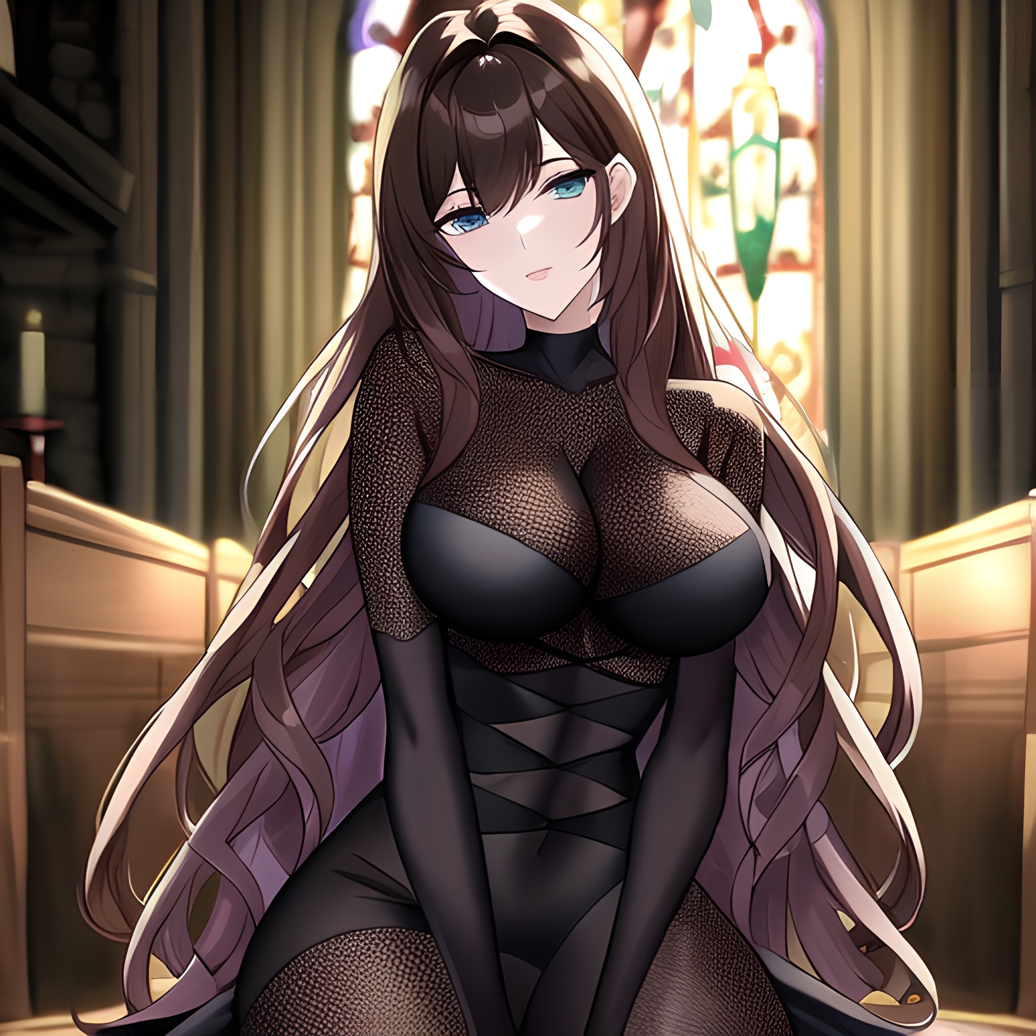 messy hair brunette long hair woman fishnet church 