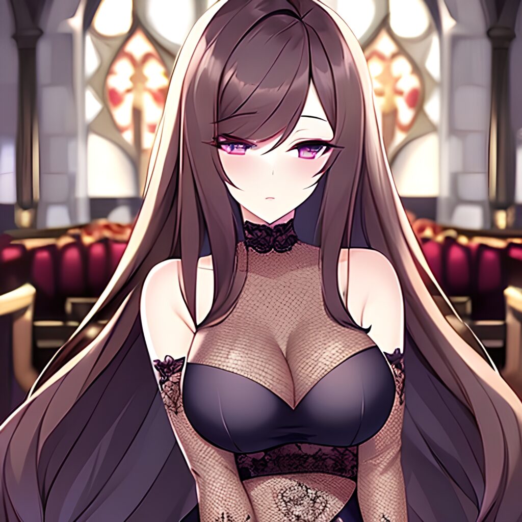 messy hair brunette woman church fishnet long hair 