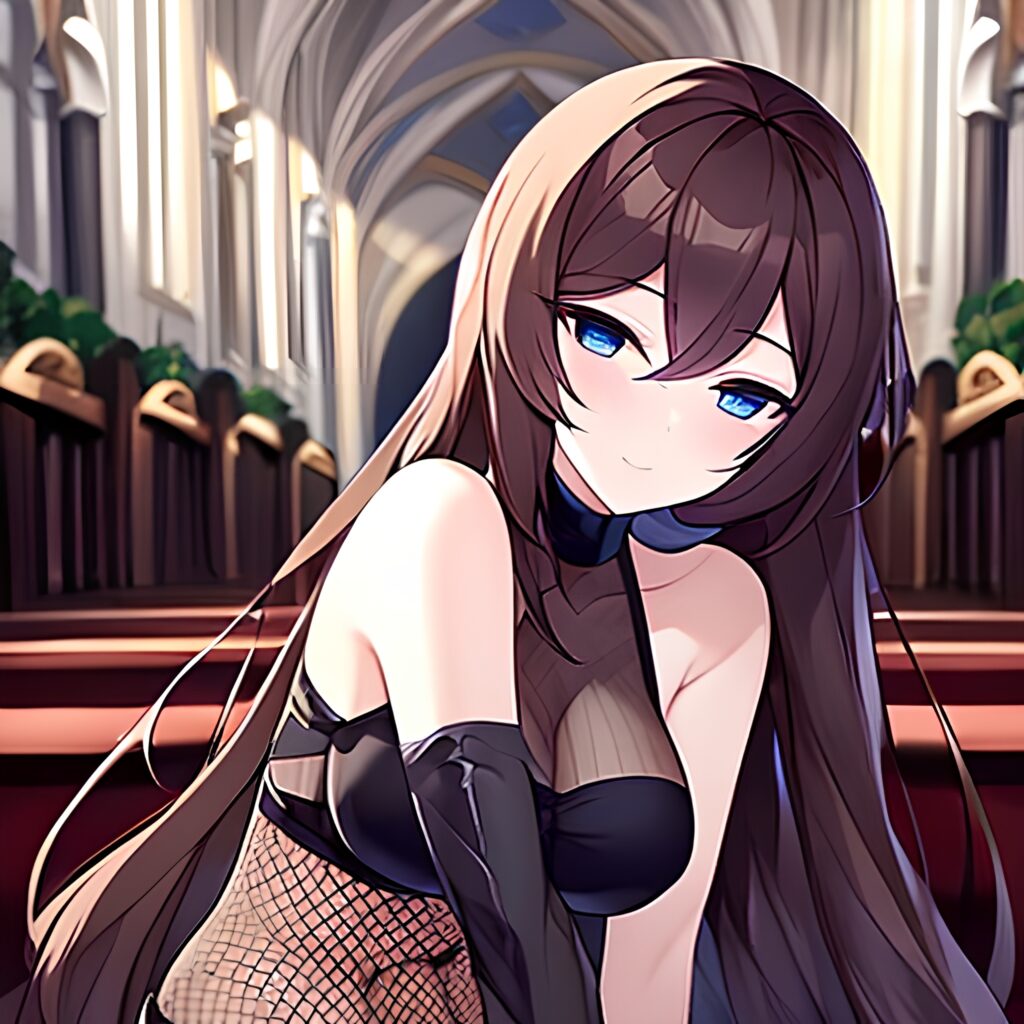 messy hair brunette woman church long hair fishnet 