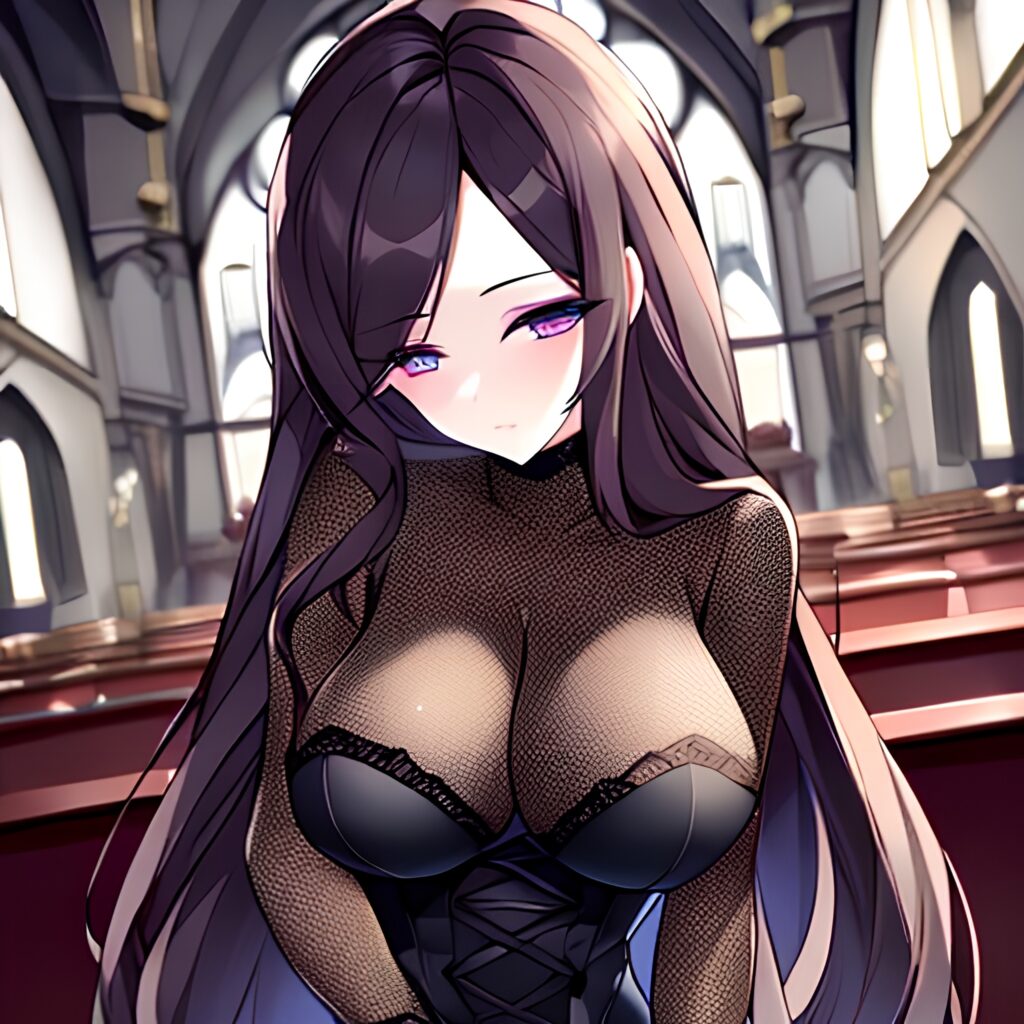 messy hair brunette woman church long hair fishnet