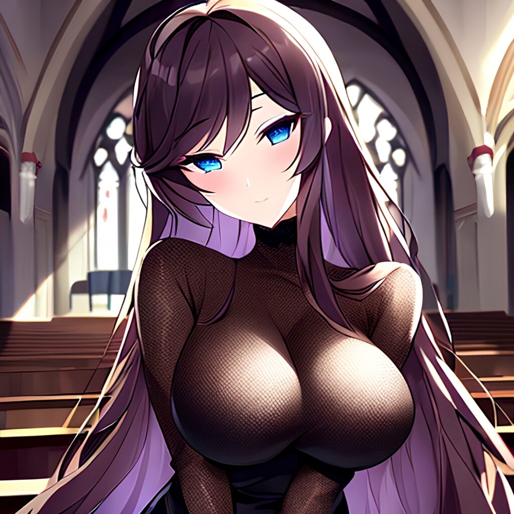 messy hair brunette woman church long hair fishnet 