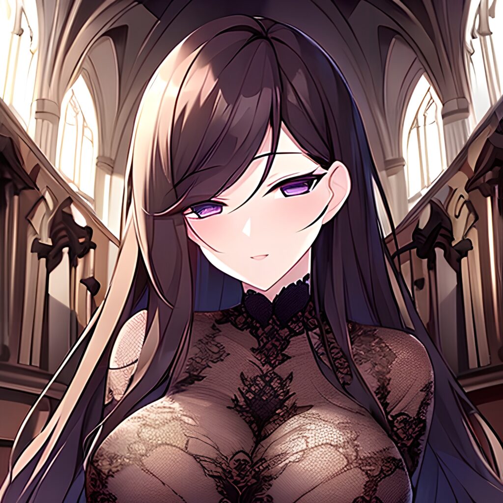 messy hair brunette woman fishnet church long hair 