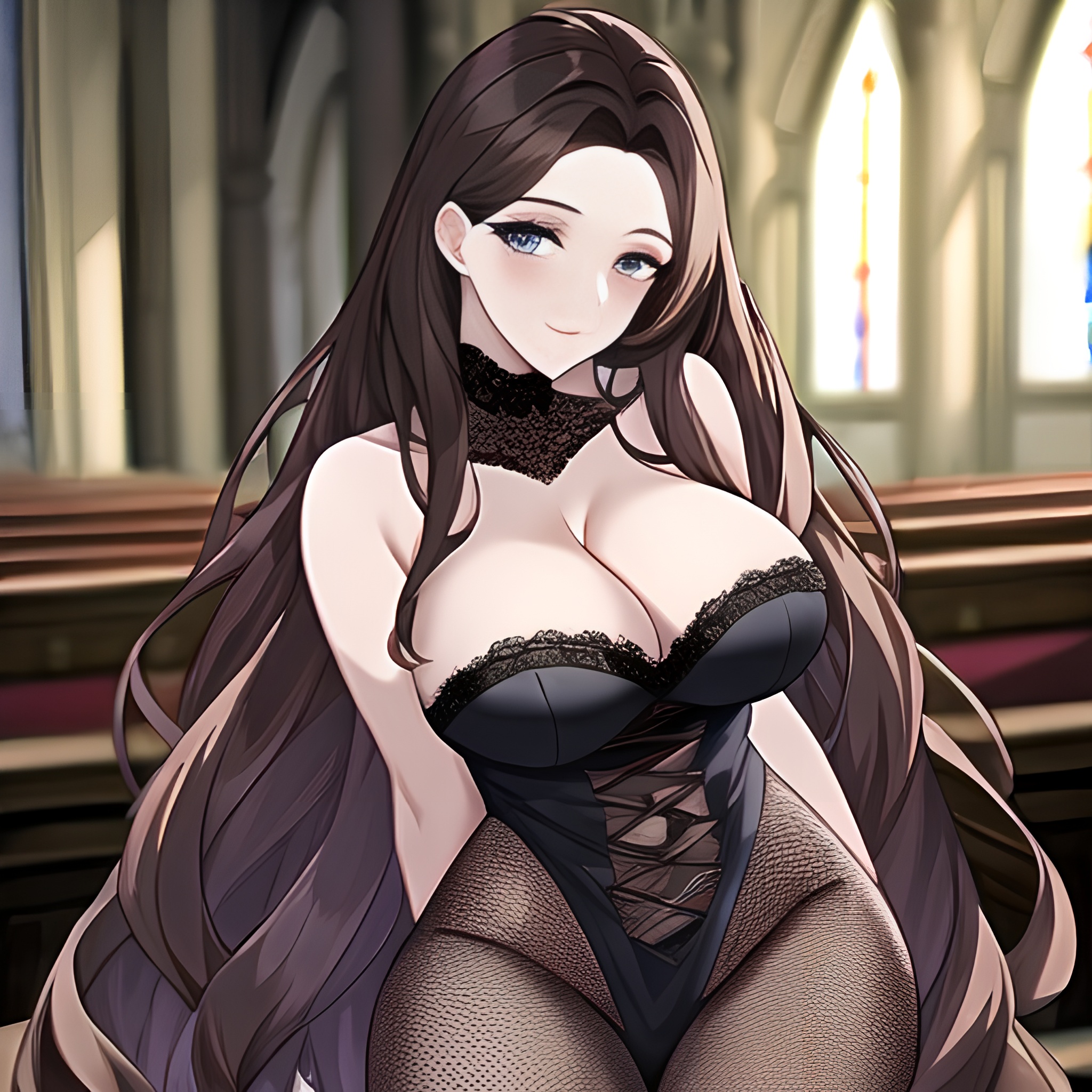 messy hair brunette woman fishnet long hair church 