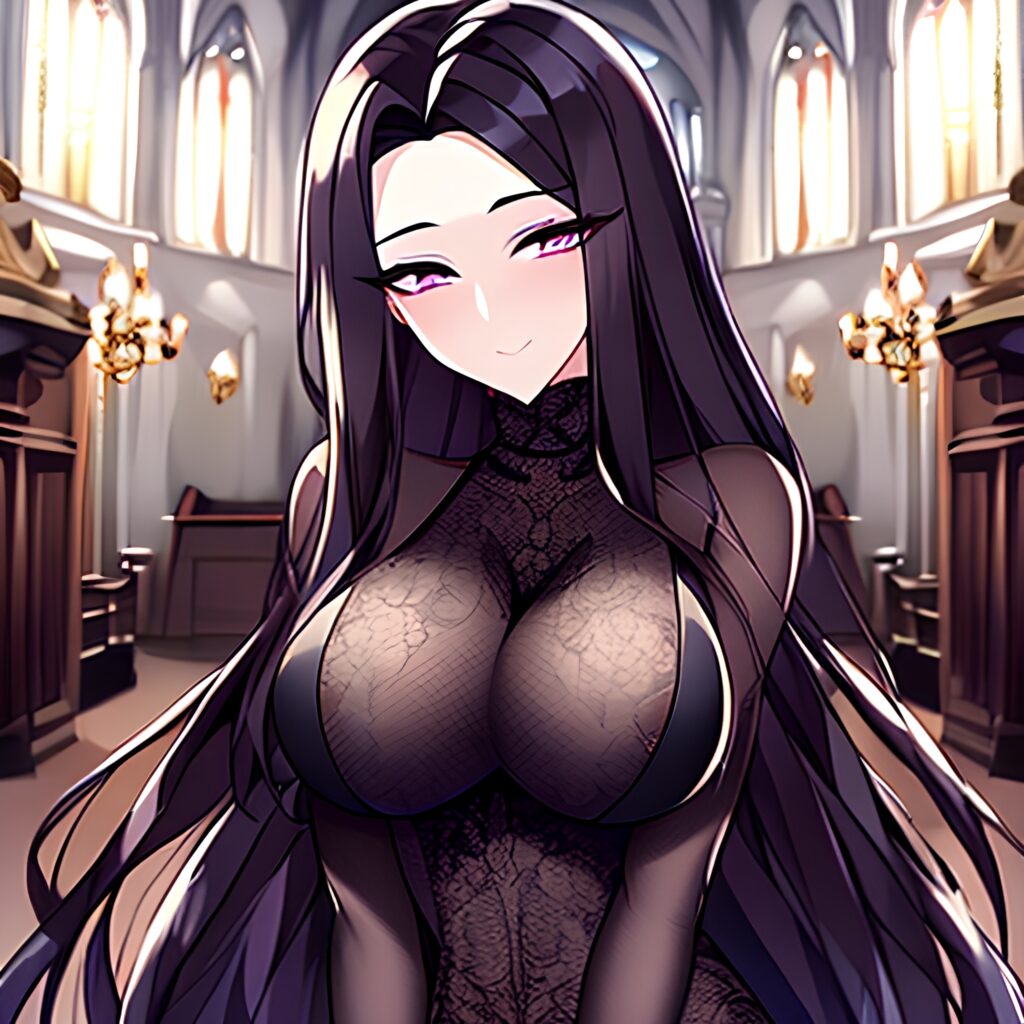 messy hair brunette woman long hair church fishnet 