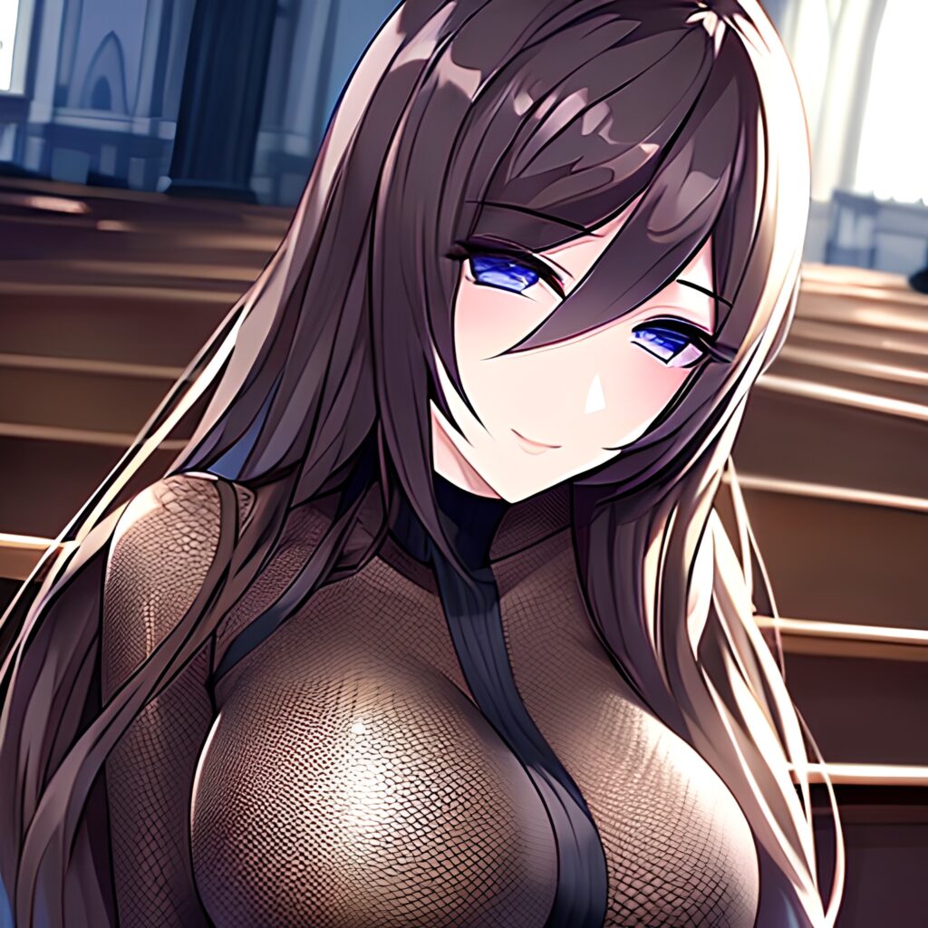 messy hair brunette woman long hair fishnet church 