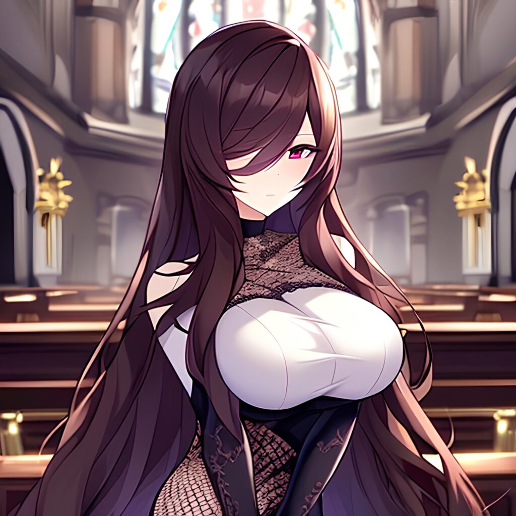 messy hair brunette woman long hair fishnet church 