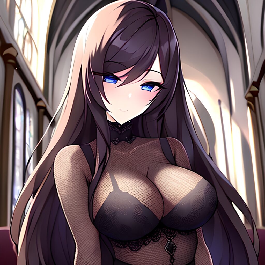 messy hair brunette woman long hair fishnet church 