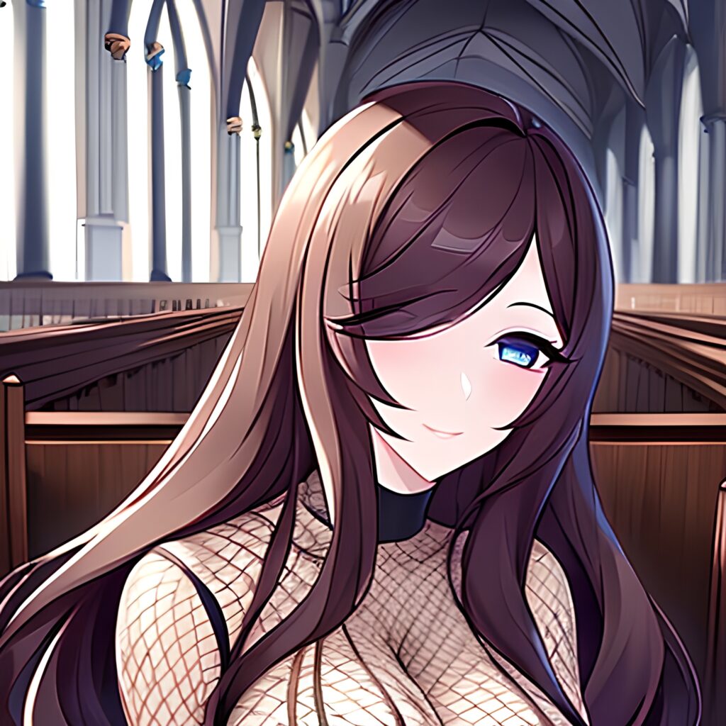 messy hair brunette woman long hair fishnet church 