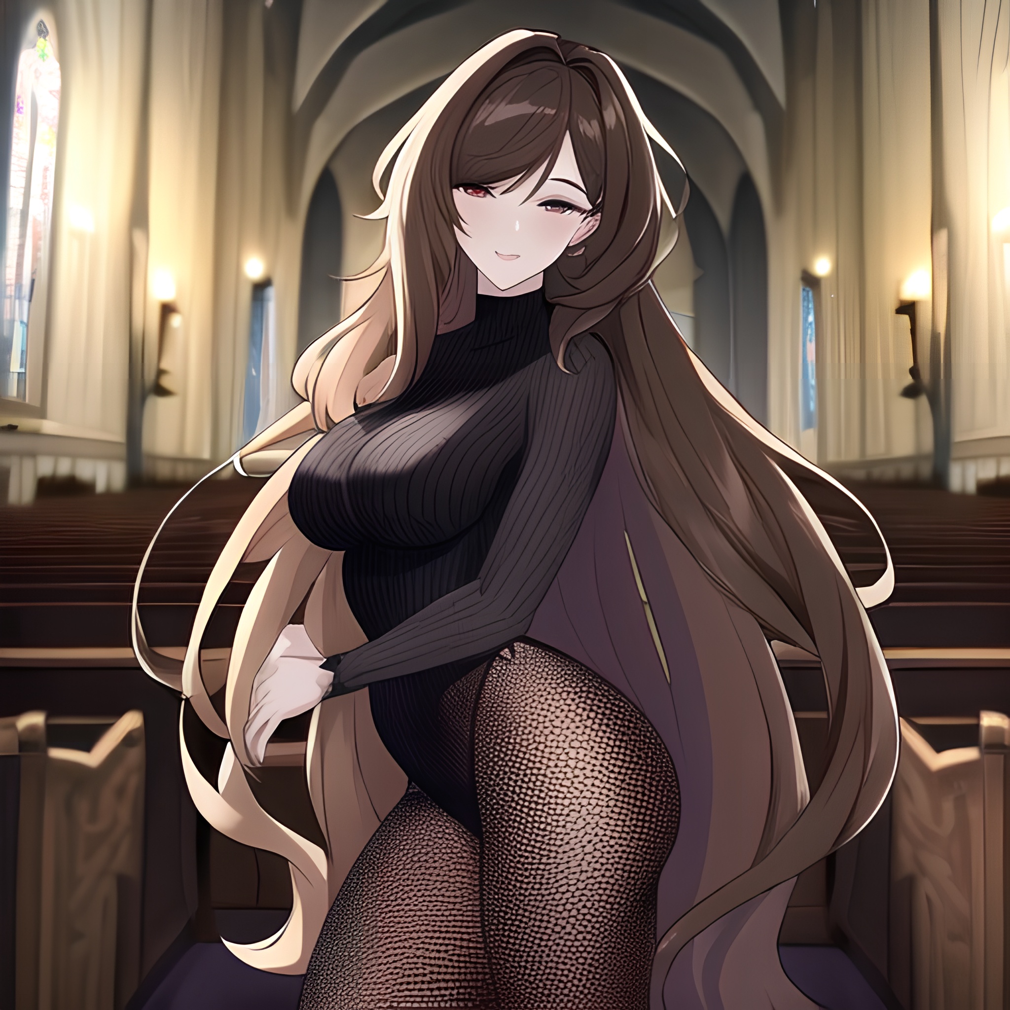 messy hair brunette woman long hair fishnet church 