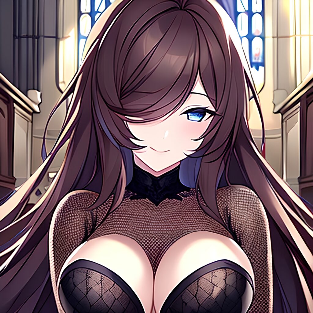 messy hair church brunette fishnet long hair woman 
