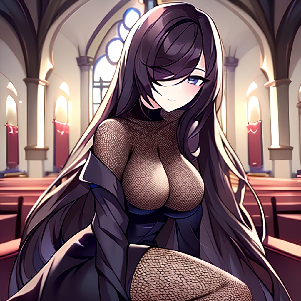 messy hair church brunette fishnet long hair woman 