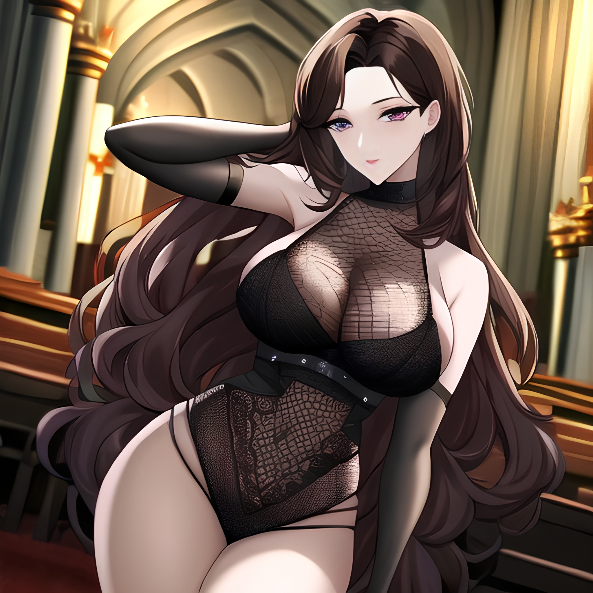 messy hair church brunette fishnet long hair woman