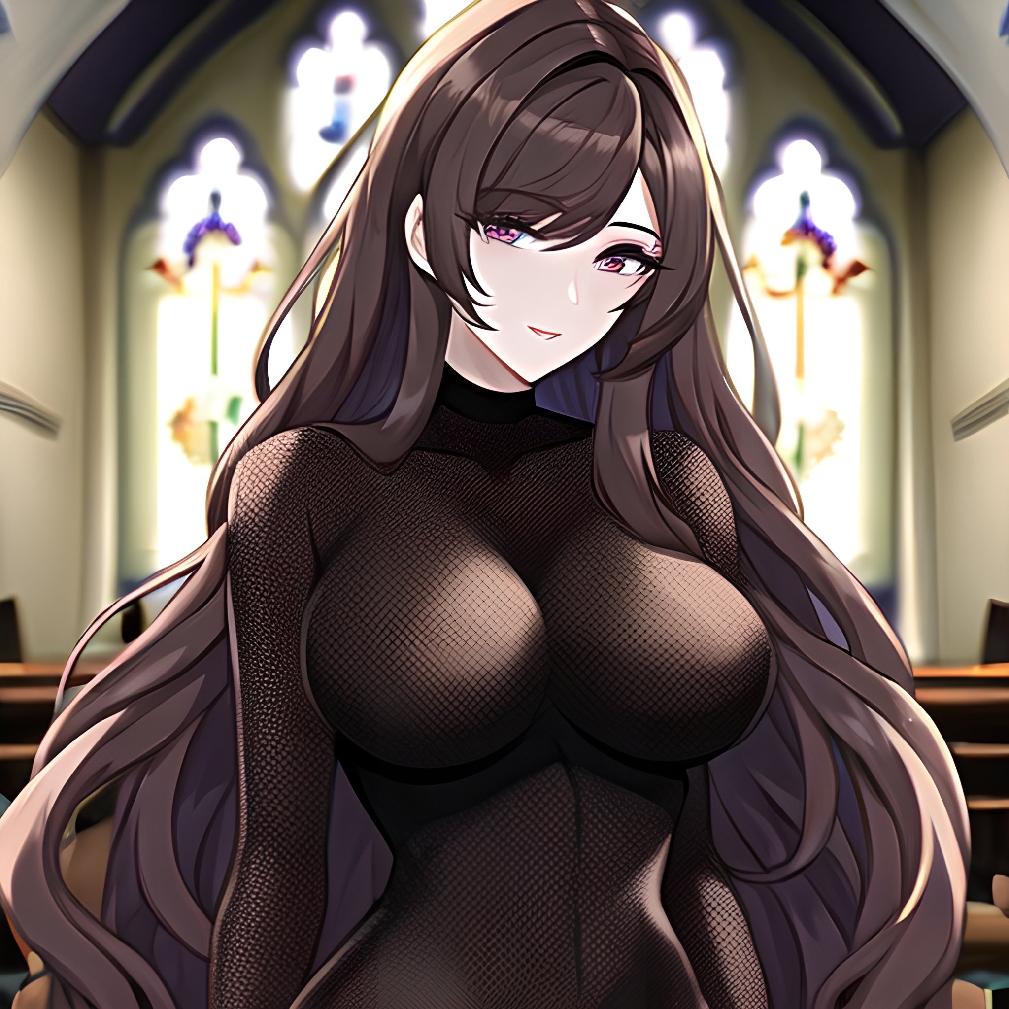 messy hair church brunette fishnet long hair woman 