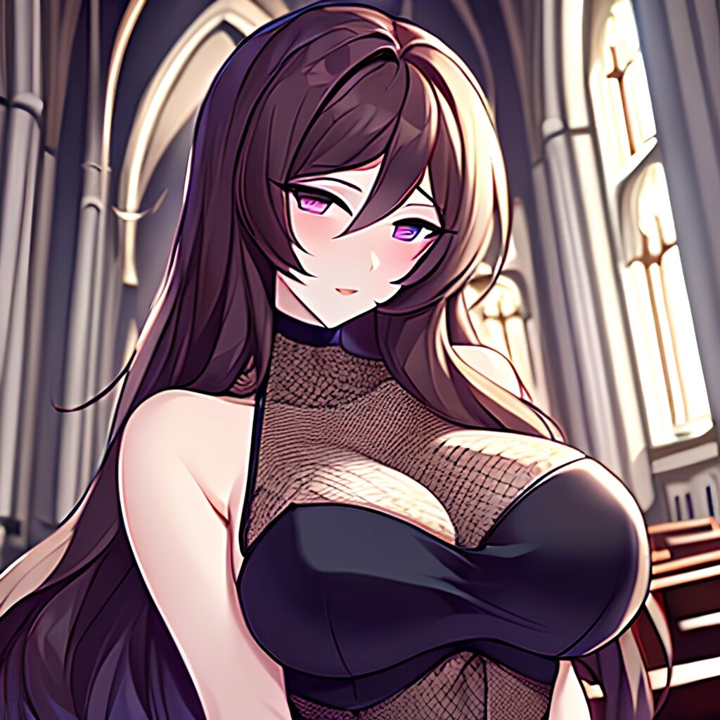 messy hair church brunette fishnet woman long hair 