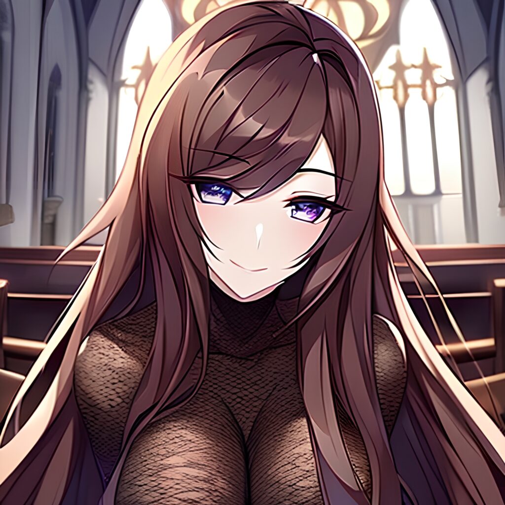 messy hair church brunette fishnet woman long hair 