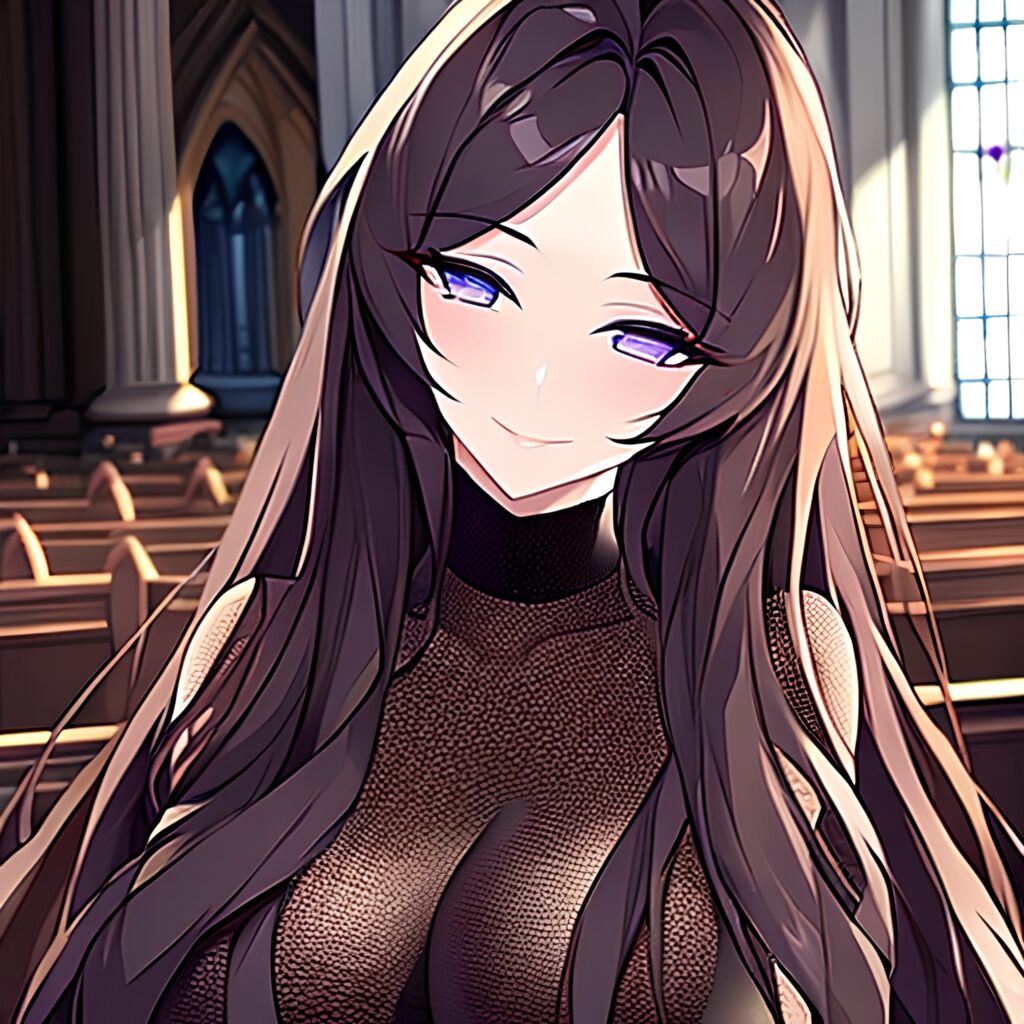 messy hair church brunette fishnet woman long hair