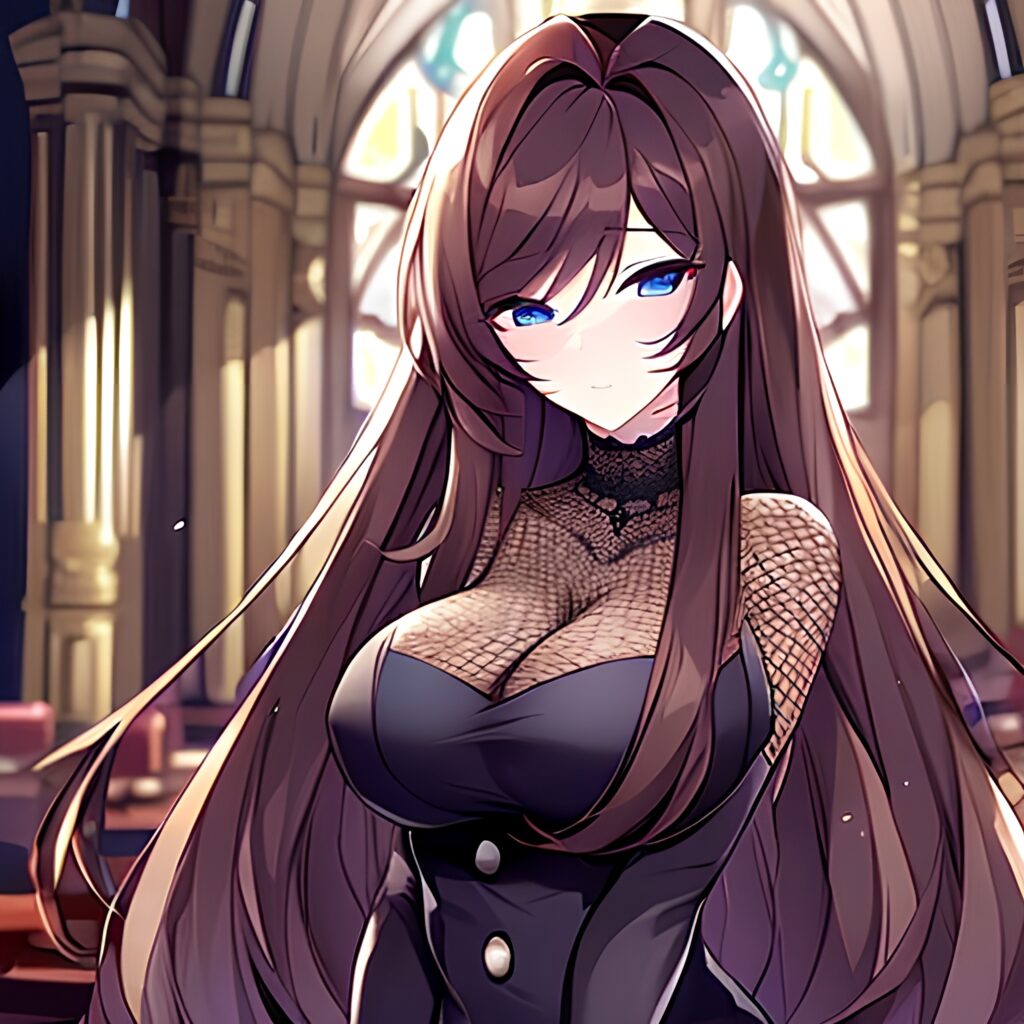 messy hair church brunette long hair fishnet woman 