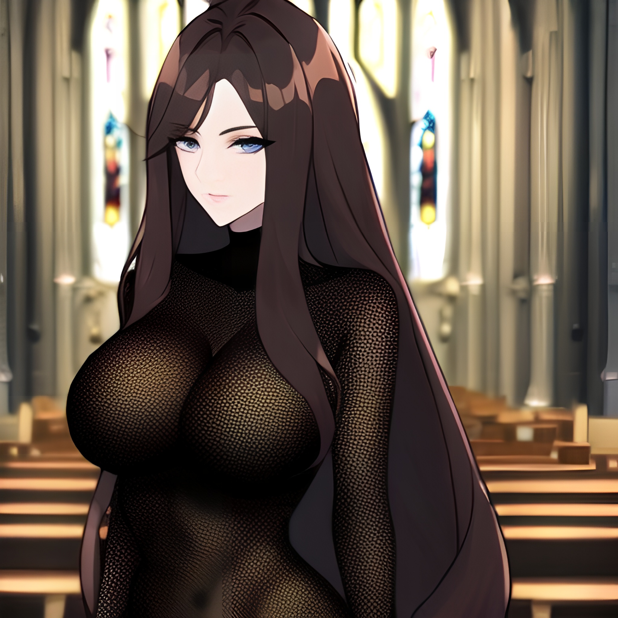 messy hair church brunette long hair fishnet woman 