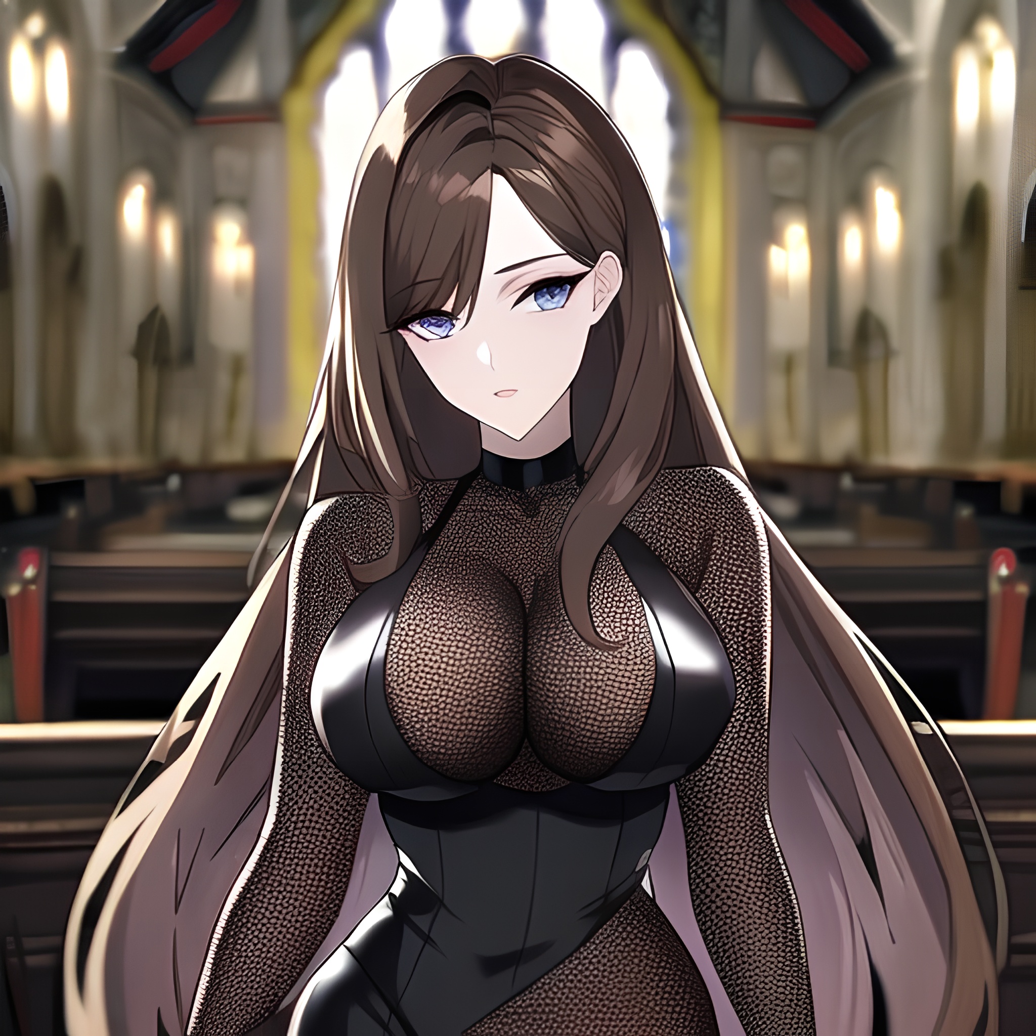 messy hair church brunette long hair fishnet woman 