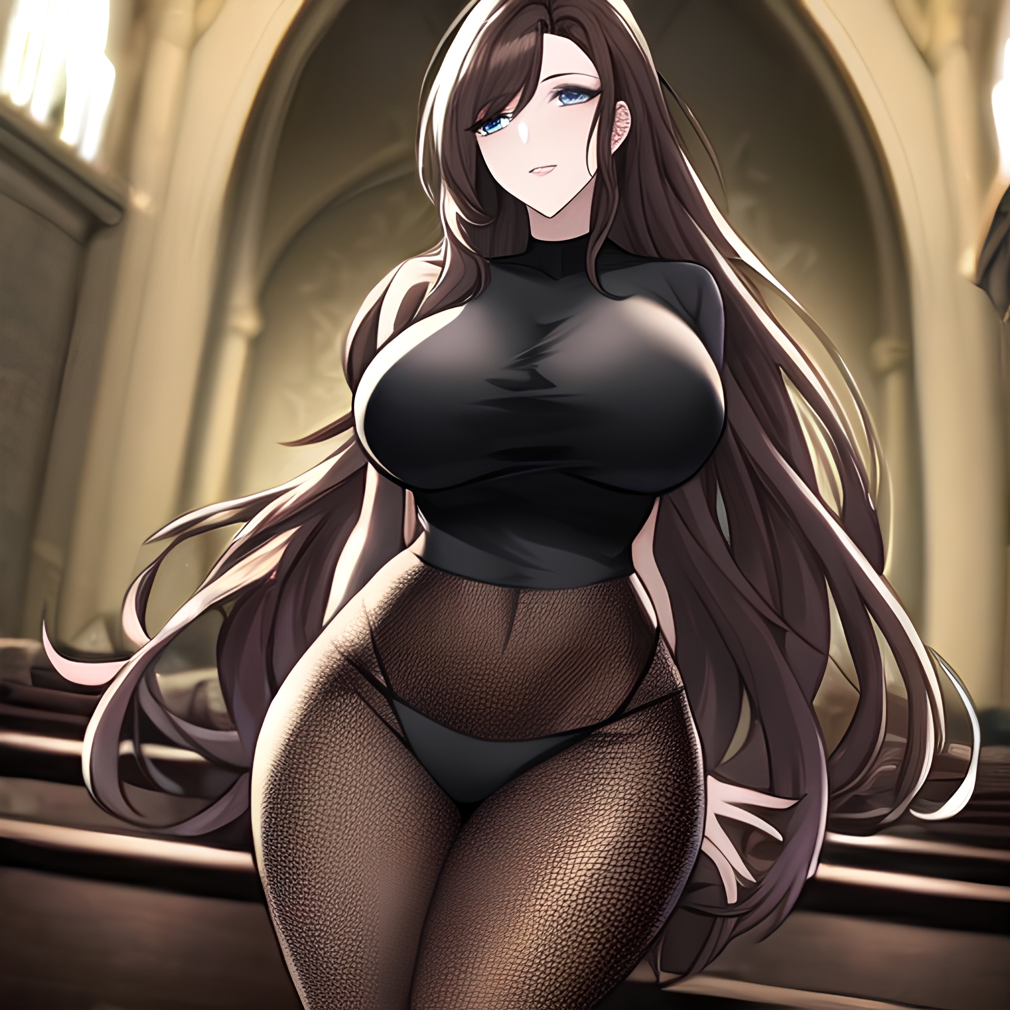 messy hair church brunette long hair fishnet woman 