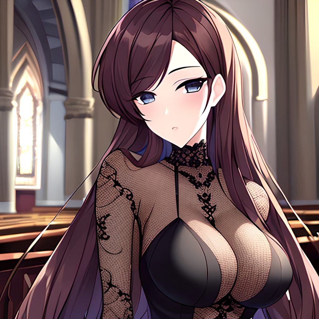 messy hair church brunette long hair fishnet woman 