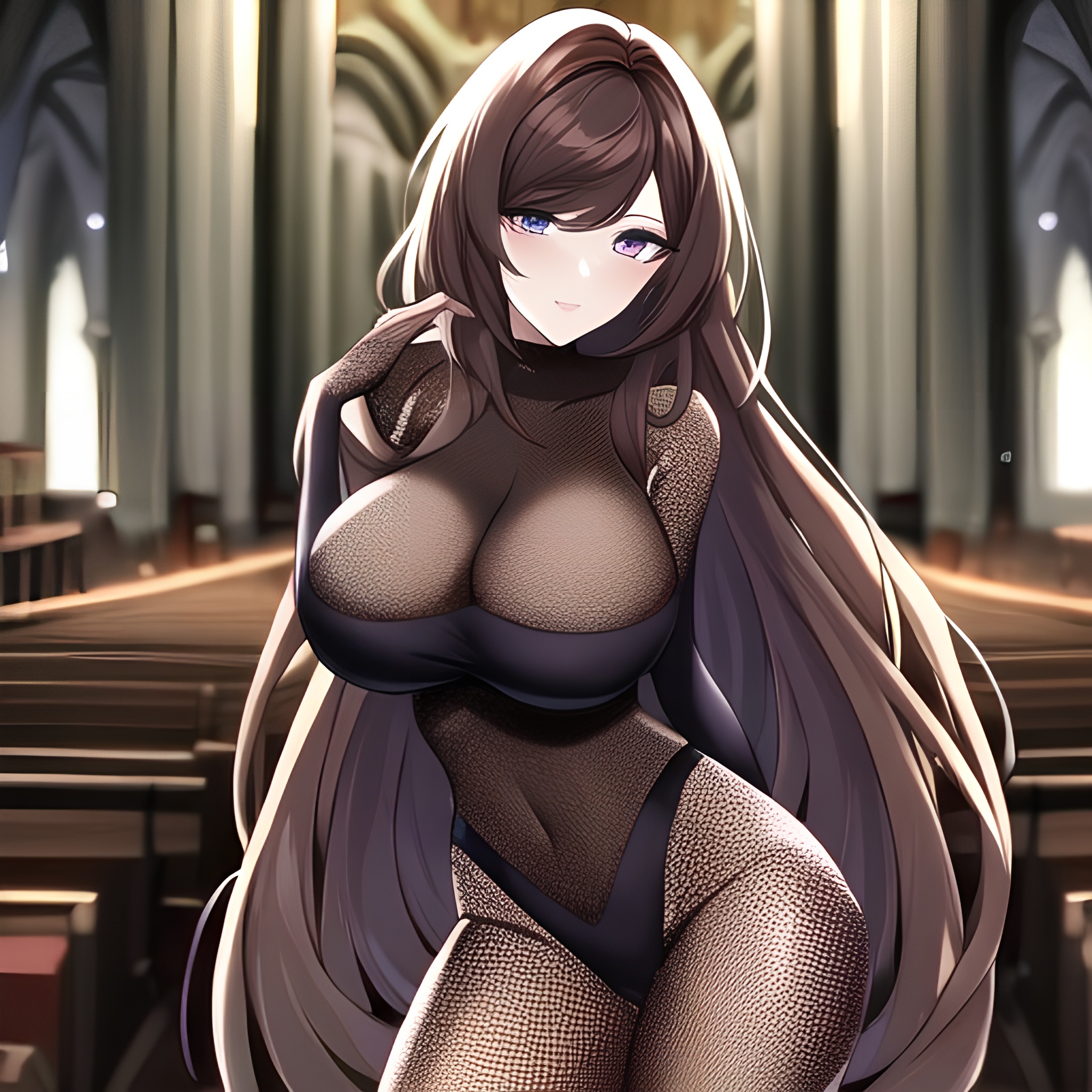 messy hair church brunette long hair fishnet woman 