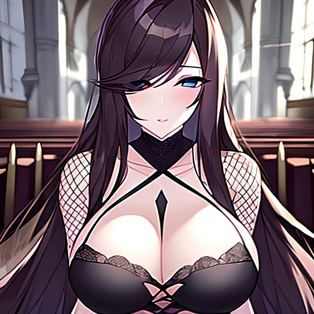 messy hair church brunette long hair woman fishnet 