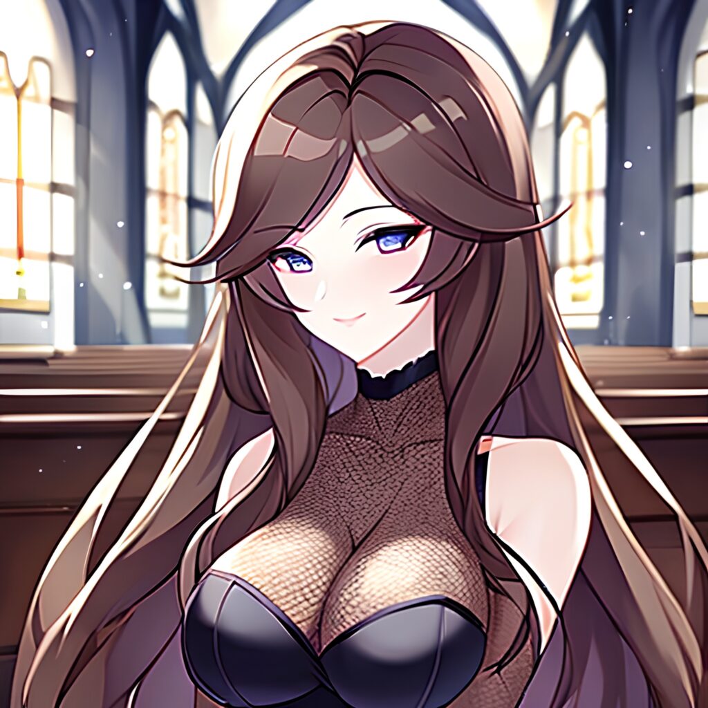 messy hair church brunette long hair woman fishnet 